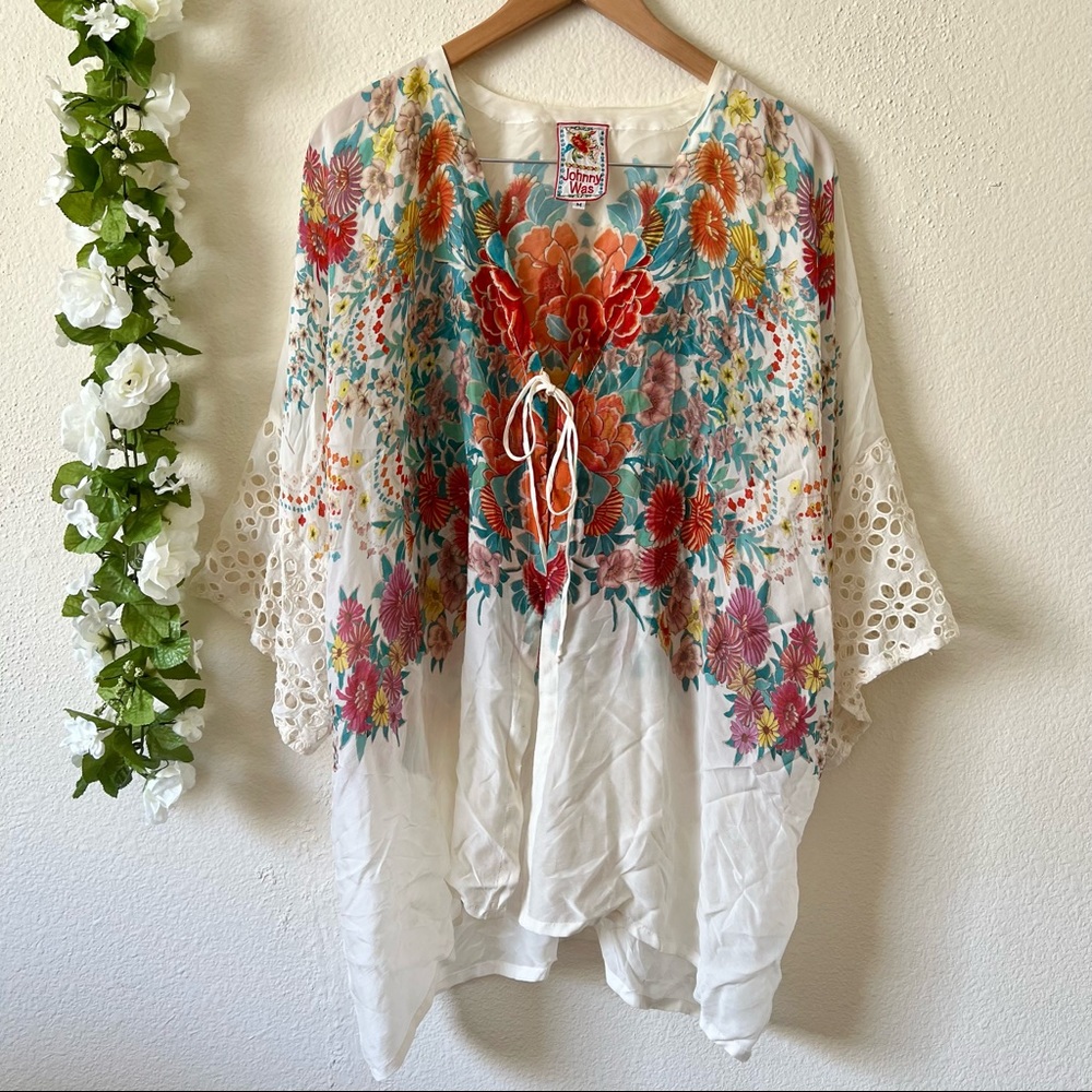 Johnny Was Floral Metra Georgette Eyelet Crochet Sleeve Kimono Cardigan